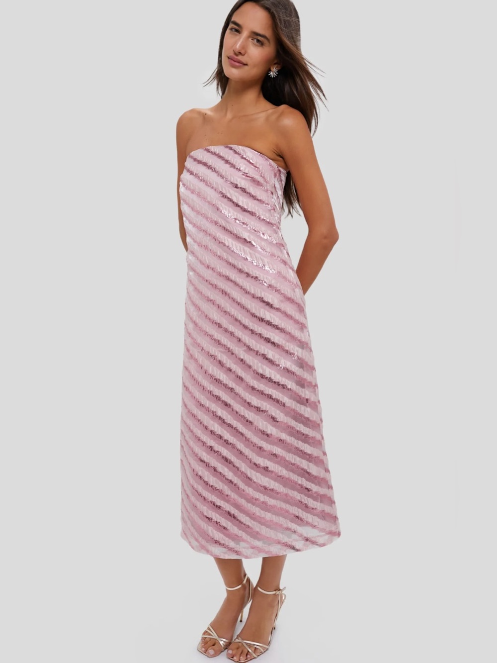 Hyacinth House Soft Pink Shimmer Stripes Mila Strapless Midi Dress - Size XL